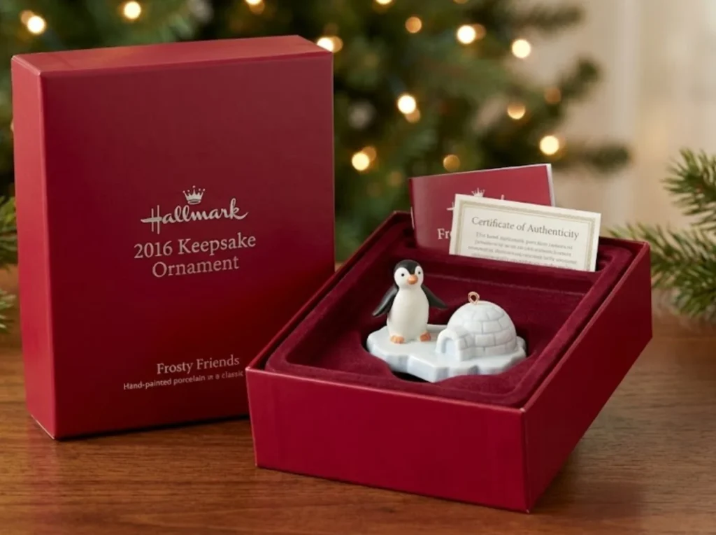 A classic red Hallmark Keepsake box from 2016 opened to reveal a detailed holiday ornament, representing the heritage of the Hallmark Home and Gifts brand.