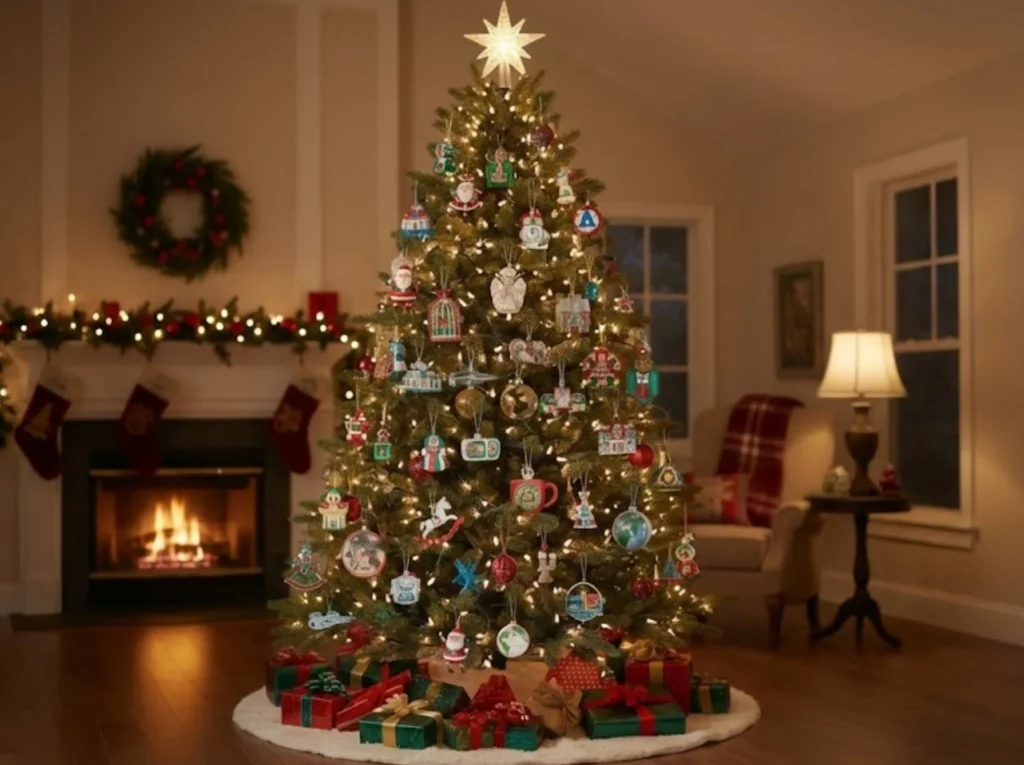 A beautifully decorated Christmas tree featuring a diverse collection of vintage and modern Hallmark Keepsake Ornaments in a cozy home setting.