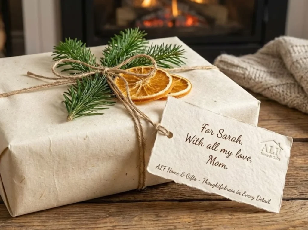 Close-up of a thoughtfully wrapped gift with a handwritten card, illustrating the ALF Home and Gifts philosophy of personalized and meaningful giving.