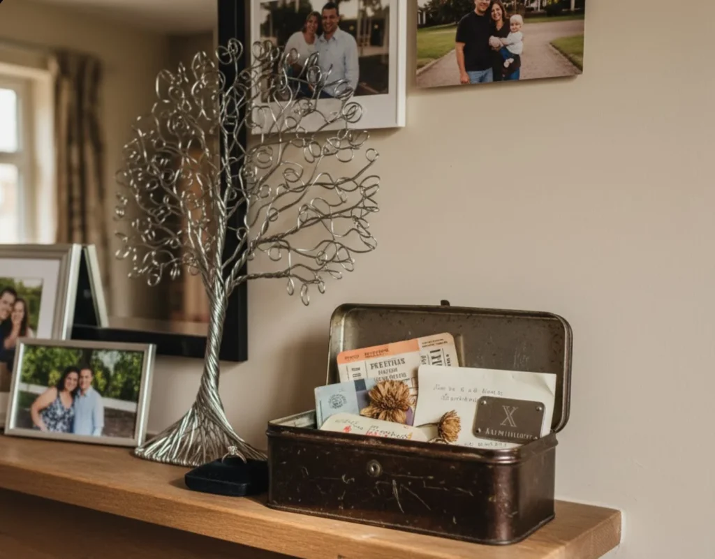Meaningful tenth wedding anniversary gifts featuring an aluminum memory box and a diamond ring, symbolizing a decade of endurance and shared history.