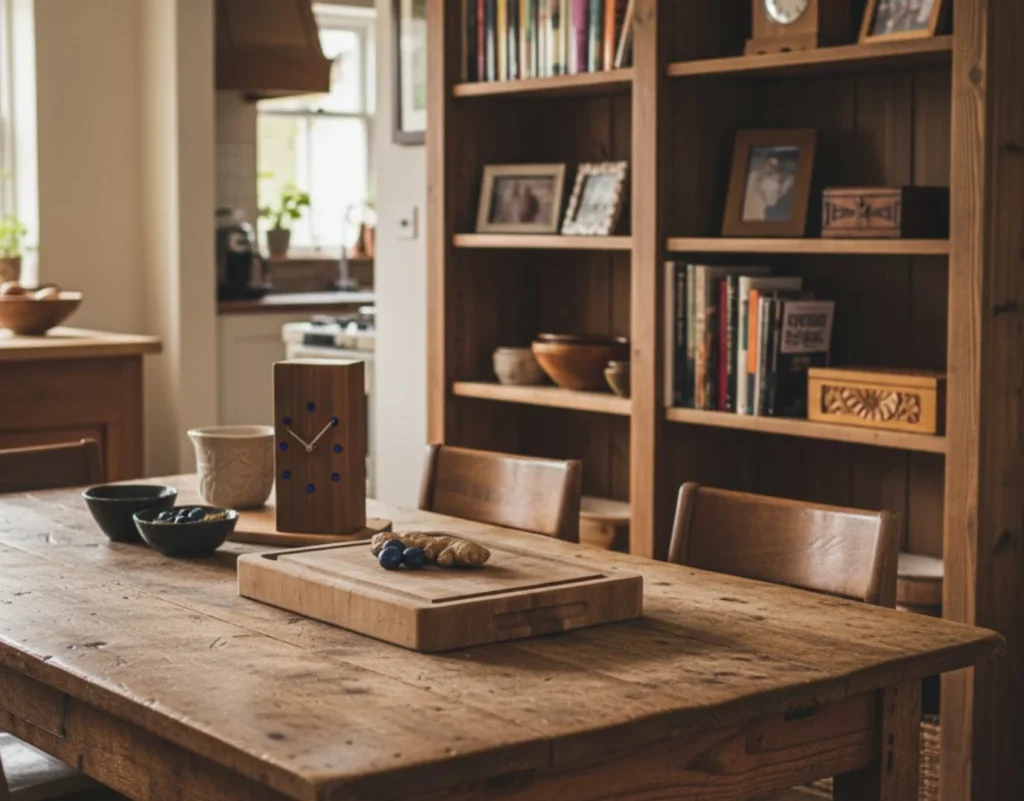 Rustic wooden kitchen and home decor for fifth wedding anniversary: aging wood table with knife marks and sturdy bookshelves showing daily practice of marriage.