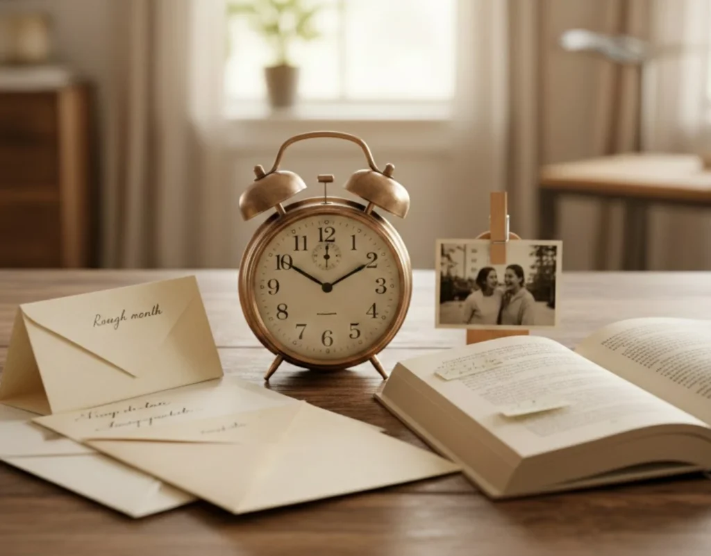 Traditional and modern first anniversary gifts including paper letters, a vintage clock, and a book, representing the honest reality of the first year of marriage.