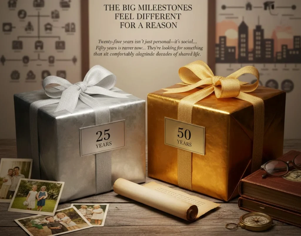 Elegant silver and gold gift boxes representing 25th and 50th wedding anniversary milestones with vintage family photos.