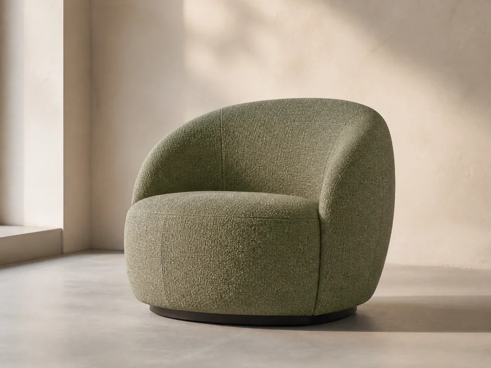 Curved compression lounge chair upholstered in textured fabric