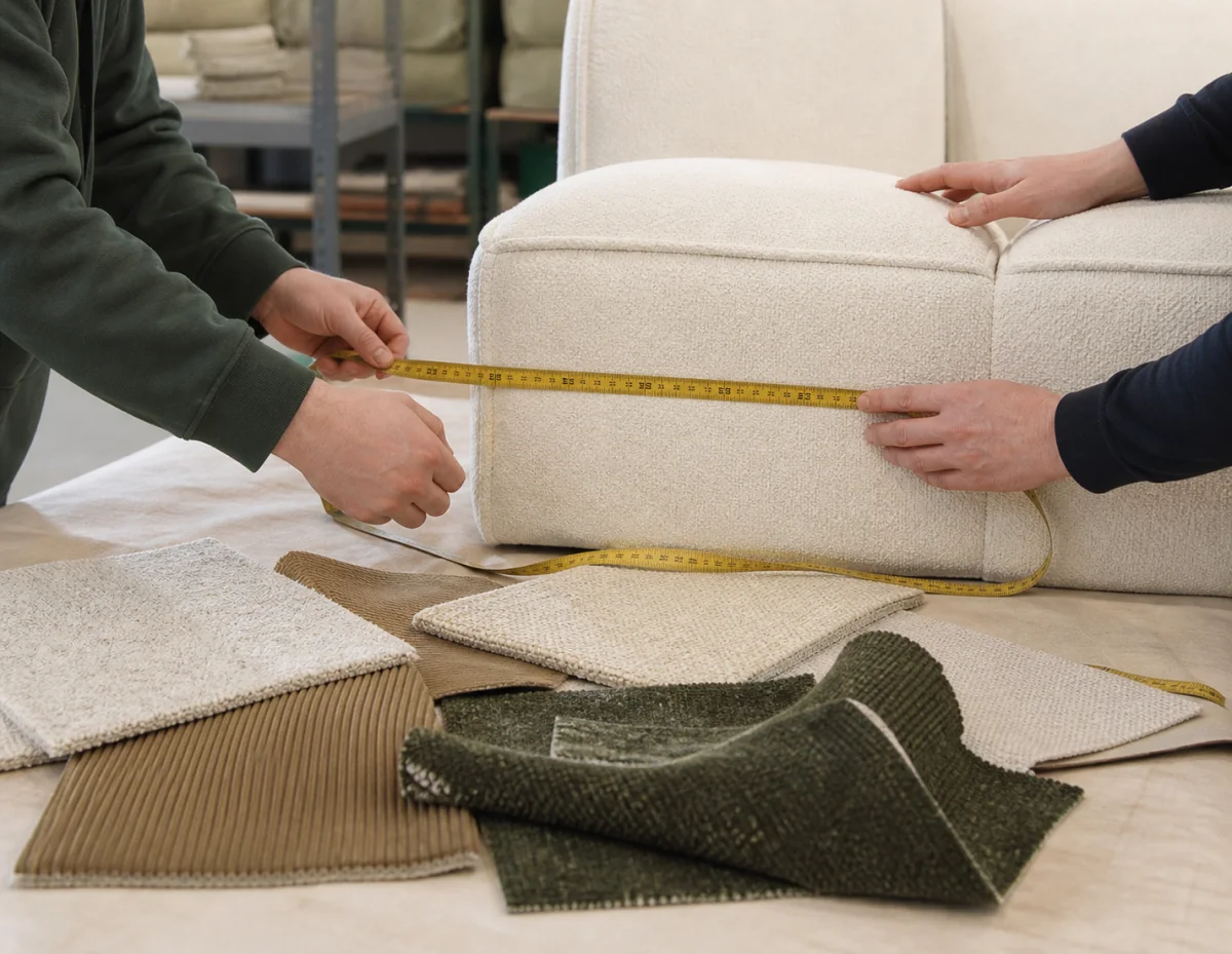 Product team reviewing an OEM compression sofa sample and fabric options
