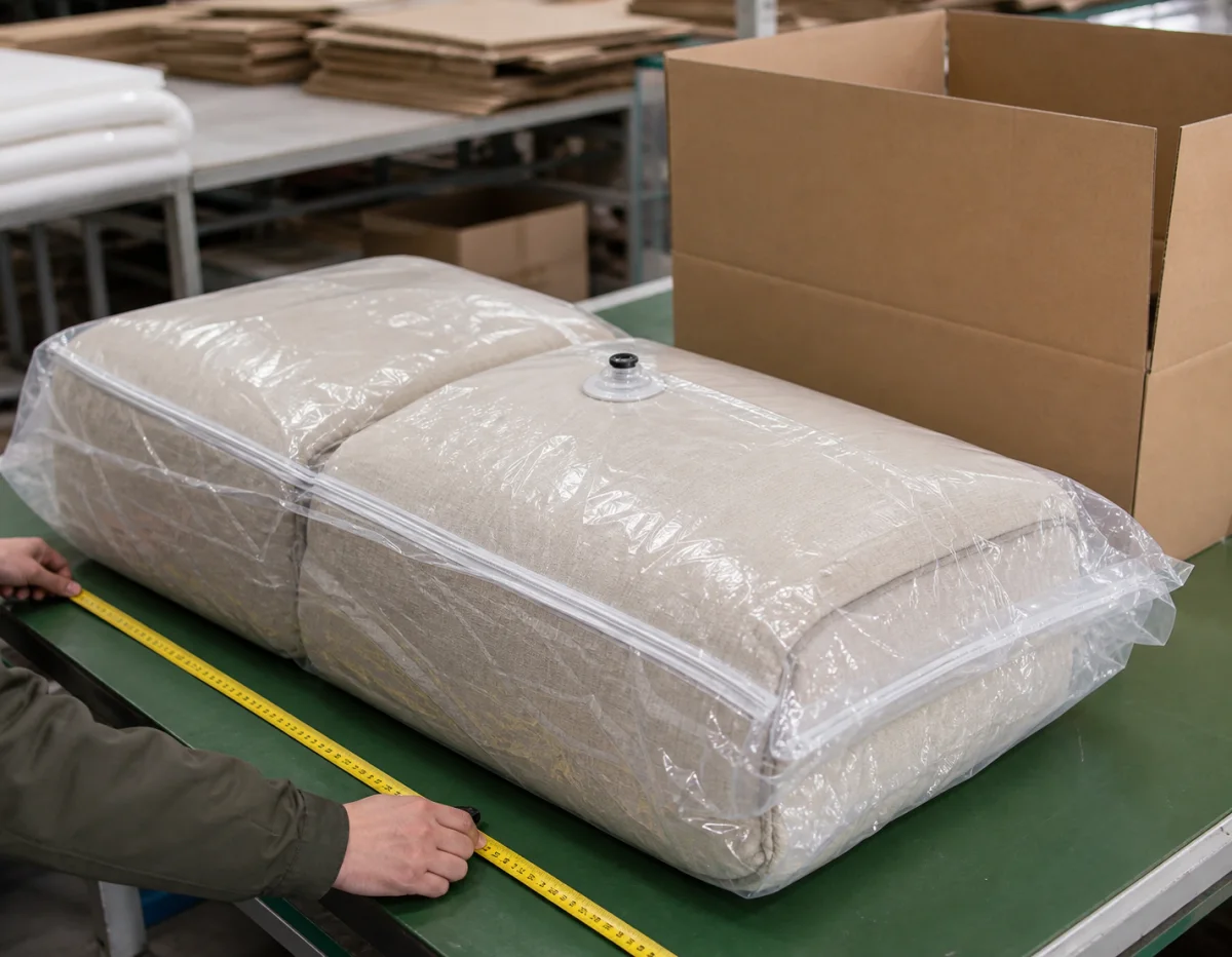 Vacuum compressed sofa sealed and measured during a carton packaging test