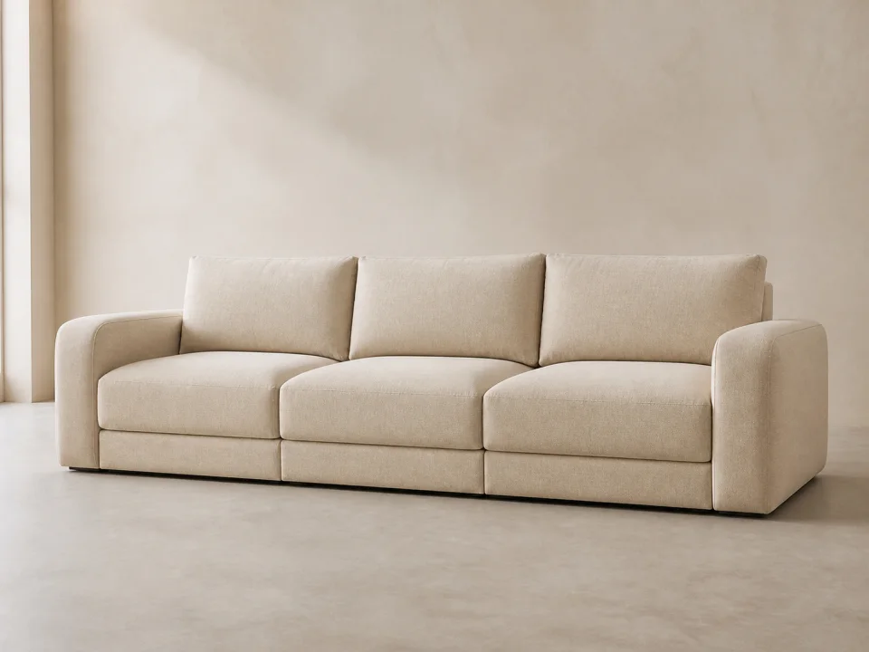 Beige vacuum compression sofa with deep foam seating